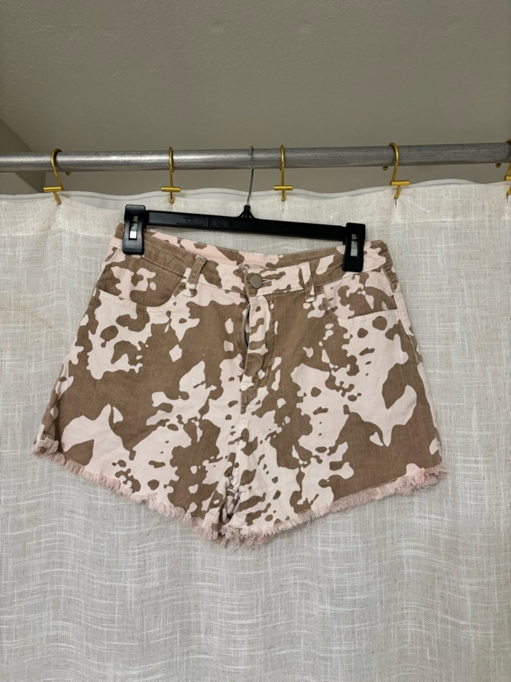 Women's Pink/Cream and Brown Patterned Denim Shorts